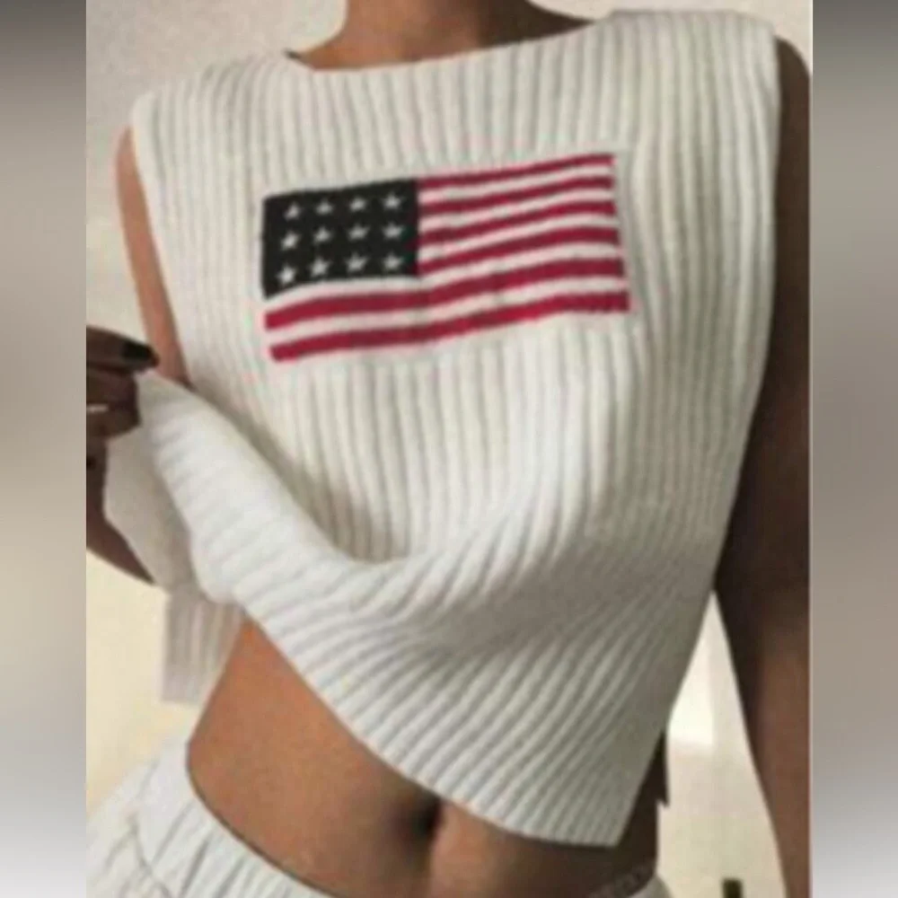 Cream Ribbed Knit Tank with Flag Patch - Picture 8 of 8